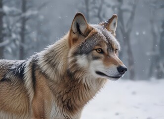 Obraz premium Majestic Eurasian wolf amidst heavy snowfall, tranquil winter scene, serene, wolf, peaceful