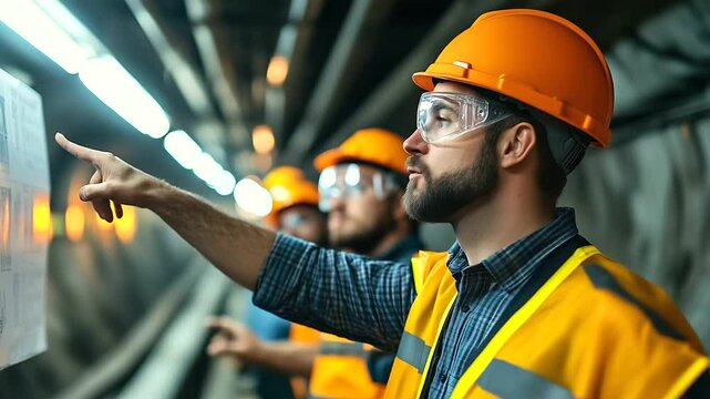Over-the-shoulder view of safety rep pointing to underground hazards poster while miners observe quietly in narrow tunnel
