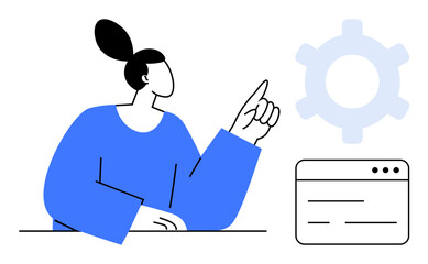 Woman pointing at a gear symbol next to a browser window, suggesting configuration, system setup, or tech solutions. Ideal for teamwork, innovation, strategy, workflow, user interface automation