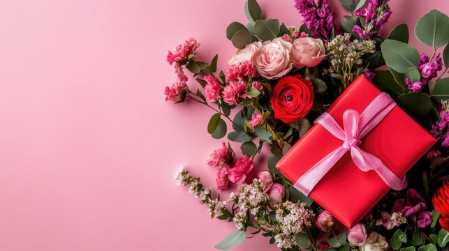 Red gift box and bouquet on pink backdrop