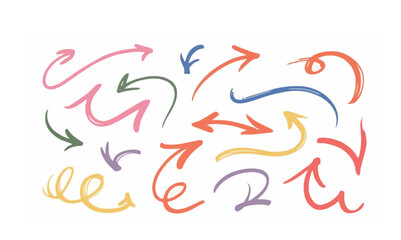 Obraz premium multi colour arrow doodles set - hand drawn swirls, curved lines, chaotic pointers. Chalk sketches, artistic design elements pack. Grunge style marker scribbles, crayon strokes outline drawings.