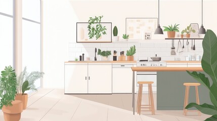 Scandinavian Kitchen with Plants and Accessories in Bright Space.