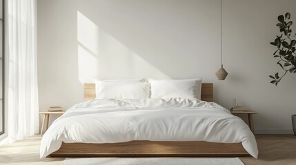 Scandinavian Modern Bedroom with White Cozy Bedding and Sleek Bedside Tables.