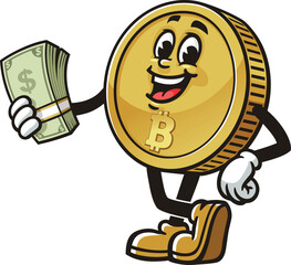 Bitcoin character cartoon holding cash