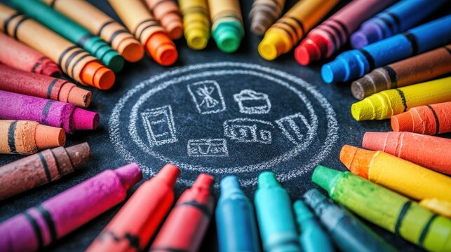Colorful crayons arranged around a circle with kitchenware drawings