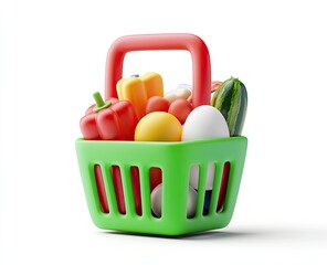 Small green shopping basket filled with colorful fruits and vegetables