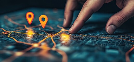 A hand interacts with a digital map, highlighting locations with glowing markers