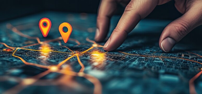 A hand interacts with a digital map, highlighting locations with glowing markers - Powered by Adobe