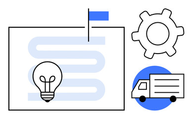 Lightbulb on a roadmap reaching a flag, gear symbolizing systems, and truck for delivery concepts. Ideal for strategy, innovation, logistics, planning, goals automation business growth. Clean flat