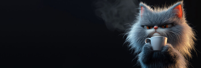 Cute disheveled cat drinking coffee, fluffy fur, black background, in the style of caricature