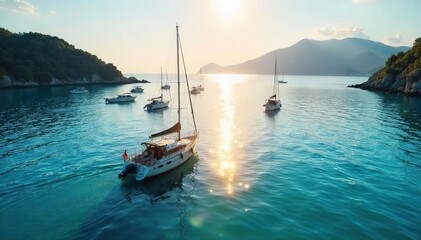 Tranquil scene of numerous boats peacefully anchored in a calm bay, sunlight glistening on the water Perfect for travel, vacation, nautical, and summer themes , sea, coast, dock