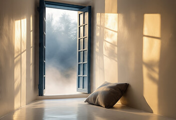 A serene minimalist room with a single cushion on the floor, natural light entering from a large open window, shadows creating gentle patterns on the wall, spiritual ambience 