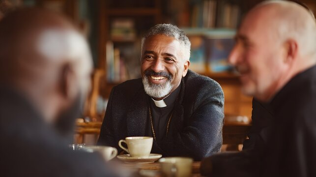 Understanding faith and community: a priest sharing coffee with friends and discussing religion topics