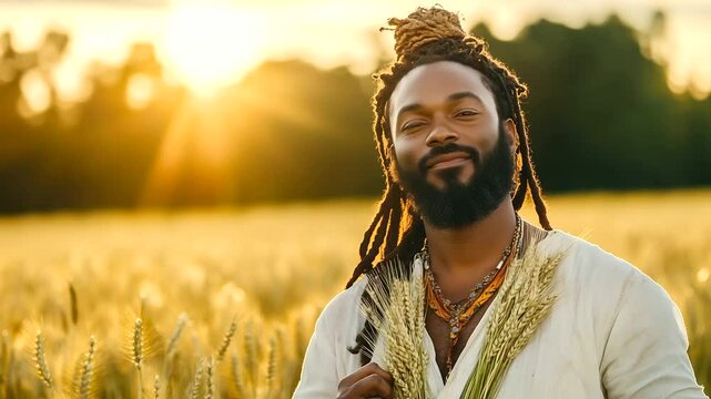 Spiritual farmer holds wheat in sun-drenched field, serene face reflects connection to land, divine provision