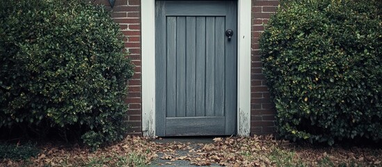 Autumnal front door of brick house with shrubs