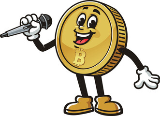 Bitcoin character cartoon holding microphone while singing