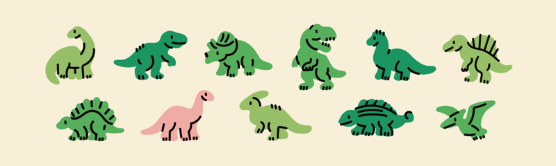 Fototapeta na wymiar Various little Dinosaur set. Cute dino characters. Hand drawn Vector illustration. Print, poster, nursery, kids apparel, baby party invitation, card, child clothes design template. Isolated elements