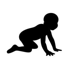 Silhouette of a baby crawling on the floor with a white background