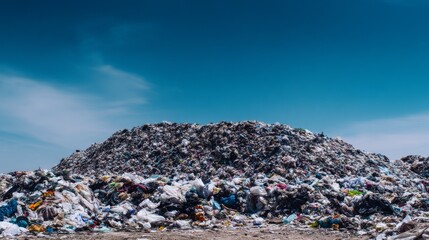 Massive pile of garbage under clear blue sky representing global environmental pollution, plastic waste accumulation, landfill crisis, and ecological damage caused by human consumption and neglect.
