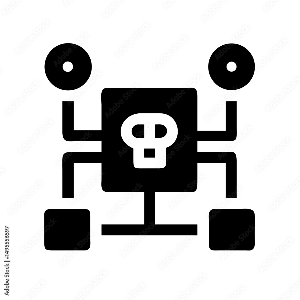 Poster icon of a central device with a skull symbol connected to peripheral nodes, suitable for websites or