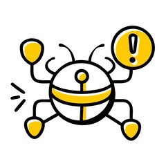 hand-drawn robotic bug with an exclamation mark warning, suitable for websites or blogs discussing software bugs, cybersecurity vulnerabilities, or system errors.