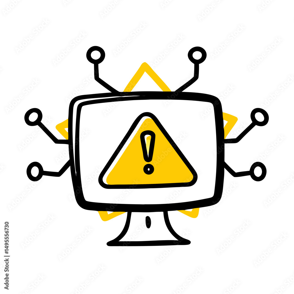 Poster hand-drawn computer monitor with a warning triangle and network nodes, suitable for blogs or website