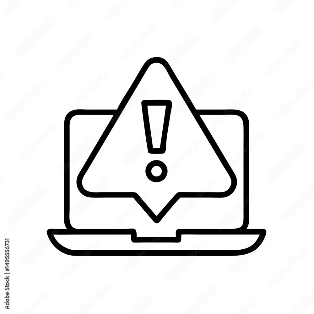 Poster black outline icon of a laptop displaying a warning triangle with an exclamation mark. useful for te