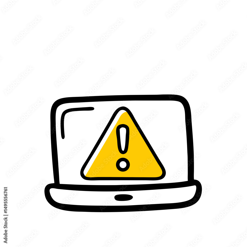 Poster a doodle-style icon of a laptop displaying a yellow warning triangle with an exclamation mark. usefu