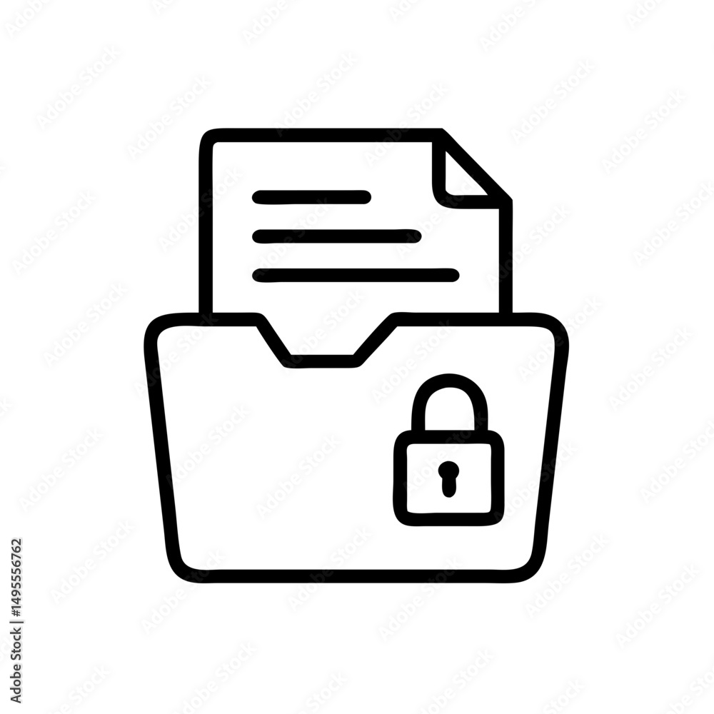 Poster black outline icon of a folder with a document inside and a padlock on the front. useful for data se