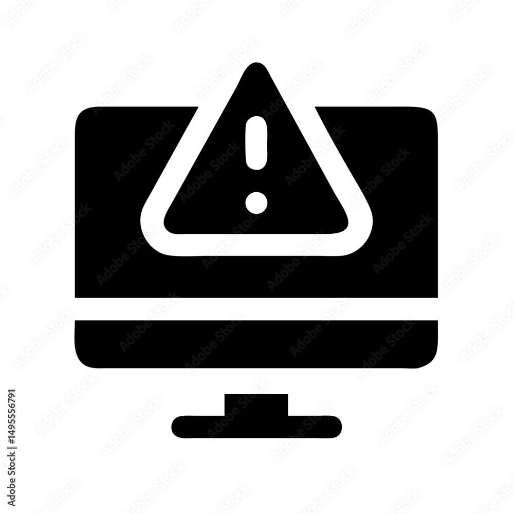 Poster black icon of a computer monitor displaying a warning triangle with an exclamation mark. useful for 