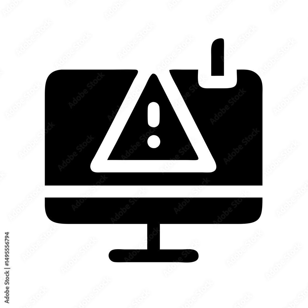 Poster black icon of a computer monitor displaying a warning triangle with an exclamation mark. useful for 