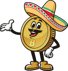 Bitcoin character cartoon wearing a sombrero