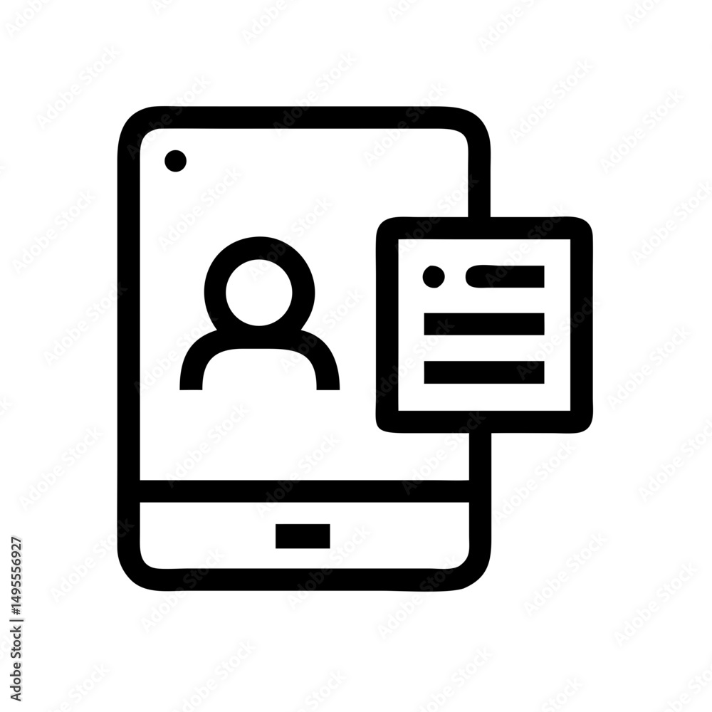 Poster an icon of a mobile phone displaying a user profile and a pop-up notification, perfect for websites 