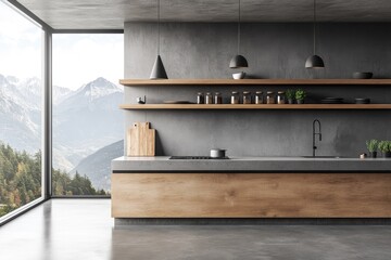 Modern kitchen with mountain views.