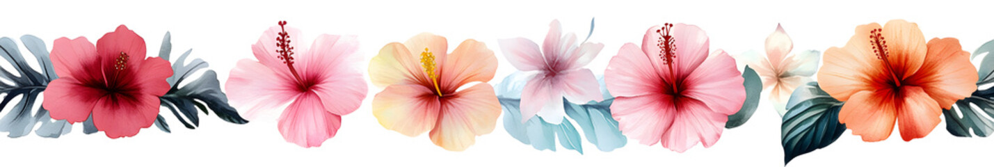 In a gorgeous botanical illustration, a set of colorful hibiscus flowers is depicted on a white background, surrounded by other tropical floral elements in a lovely watercolor design