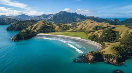 Naklejka premium Vibrant Aerial Perspective of Takapou Bay
