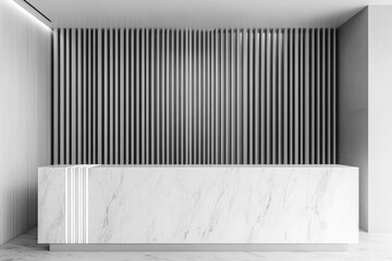 Modern reception desk in a minimalist space.  Light gray walls, vertical wooden slats, and a large white marble countertop create a clean, contemporary design