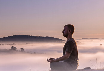 A person meditating alone on a misty hilltop, facing a foggy valley below, wrapped in silence and solitude, gentle sunrise light casting a soft purple-blue hue over the landscape