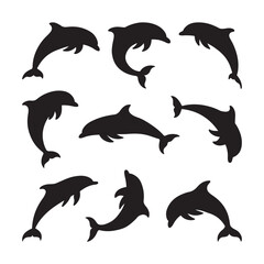 Fototapeta premium Jumping Dolphin Silhouette Vector Set on White Background