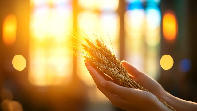 Wheat sheaf in hands silhouetted against stained glass church window, evoking harvest blessings and the bread of life