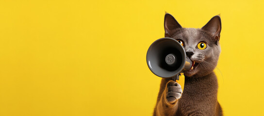 Grey cat with wide eyes holding a megaphone against a vibrant yellow background. Fun and energetic image suitable for announcements and promotions.
