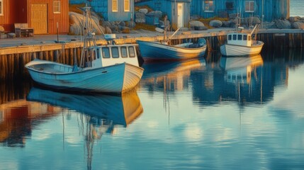 Fototapeta premium Peaceful fishing boats docked at a tranquil harbor