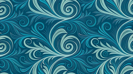 Intricate Teal and Turquoise Swirling Floral Pattern Seamless Detailed Ornate Textile Design and Delicate Leafy Elements