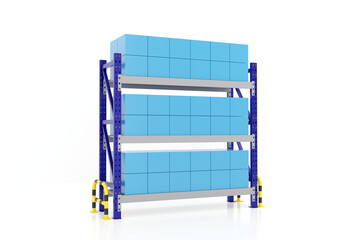 3D render of warehouse rack with vibrant blue boxes on blue and gray metal frame. Clean white background with safety guards. Great for logistics, packaging, and modern storage visuals.