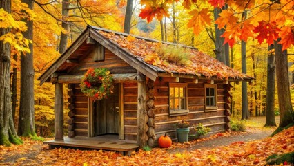 Rustic Log Cabin Nestled Amidst Vibrant Autumn Foliage, Featuring a Pumpkin and Fall Wreath