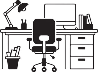 Modern Office Workspace Desk Setup with Computer and Chair