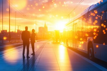 Urban planners discuss electric bus systems at transportation hub during sunset