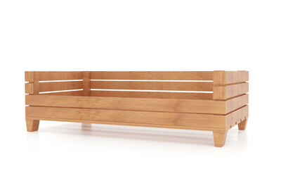 3D render of wooden planter box with warm tone texture, slatted sides and tapered legs. Front angled view on white background. Perfect for gardening, eco design, and outdoor lifestyle visuals.
