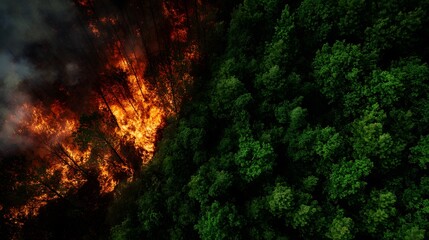 Fototapeta premium Wildfire burning forest aerial view showing destruction and healthy trees side by side contrast image
