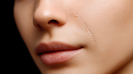 Naklejka premium Scar removal and healing on facial skin shows natural beauty and smooth texture with subtle smile